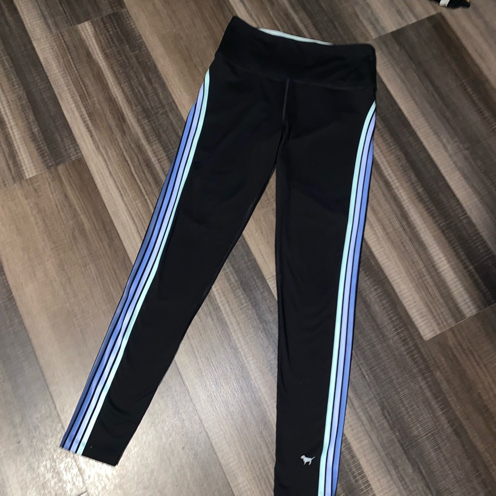 Vs pink Black Leggings with Blue Stripes